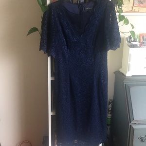 Navy Blue Dress - Mesh Neckline, V Neck - Size 8